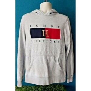 Tommy Hilfiger Mens Hoodie Size Medium Logo Embroidered Pullover Gray Sweatshirt